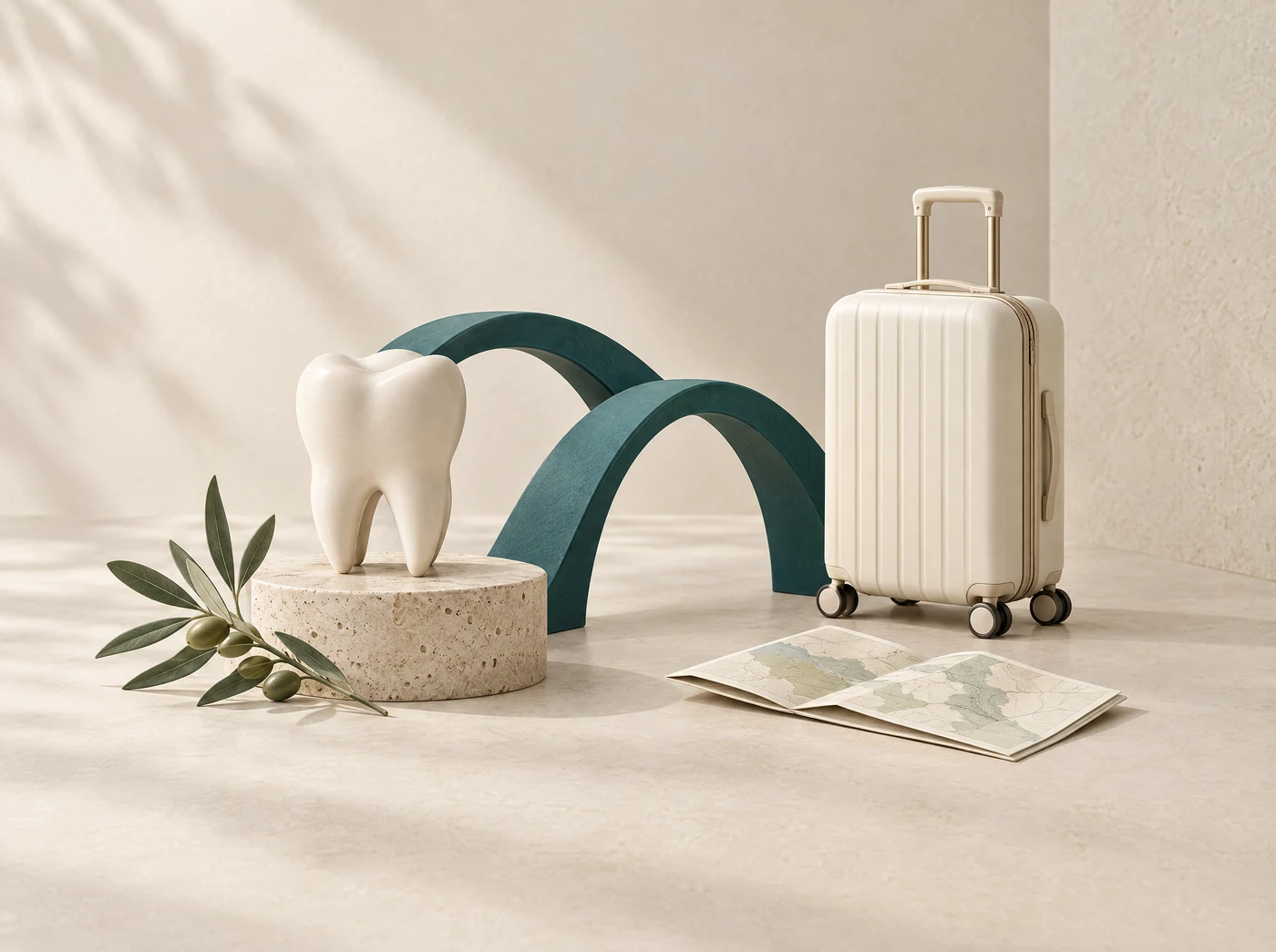 Illustrazione originale ALVERA: un dente in ceramica, una valigia e forme architettoniche rappresentano il percorso dentale e il viaggio.